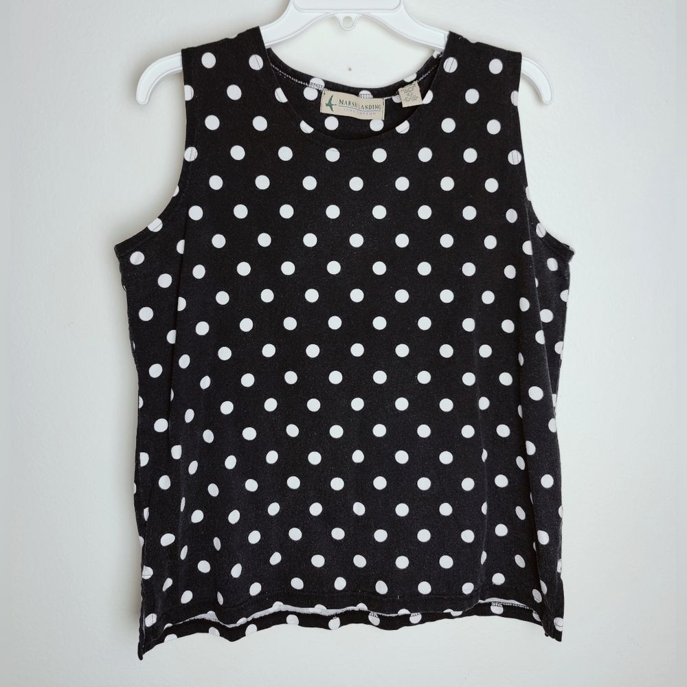 VTG Y2K Marsh Landing 100% Cotton Black White Polka Dot Tank Top, Sz L